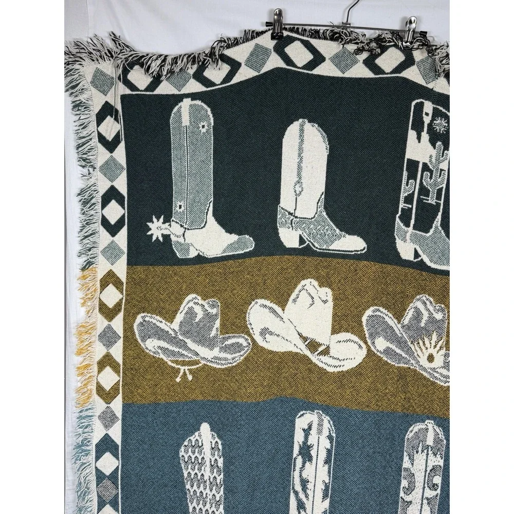 Vintage Western Cowboy Boots Tapestry Afghan Fringe Throw Cowgirl Ranch Decor